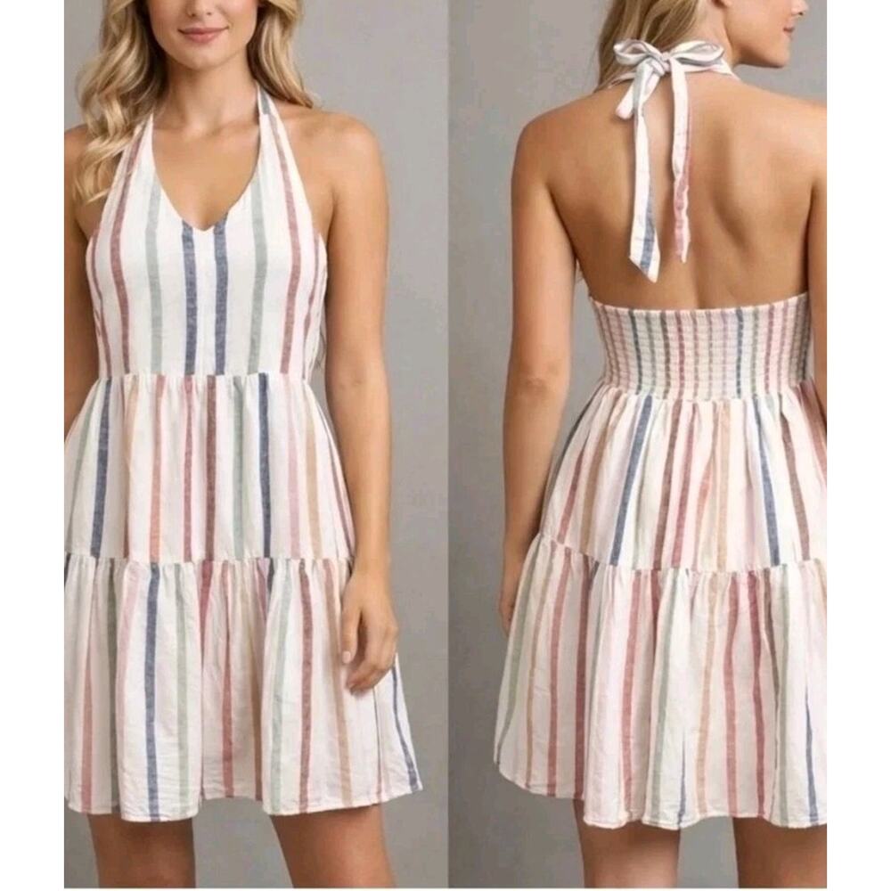 American Eagle Outfitters Linen Halter Sundress Blue/Pink/Tan Stripes Sz S (K